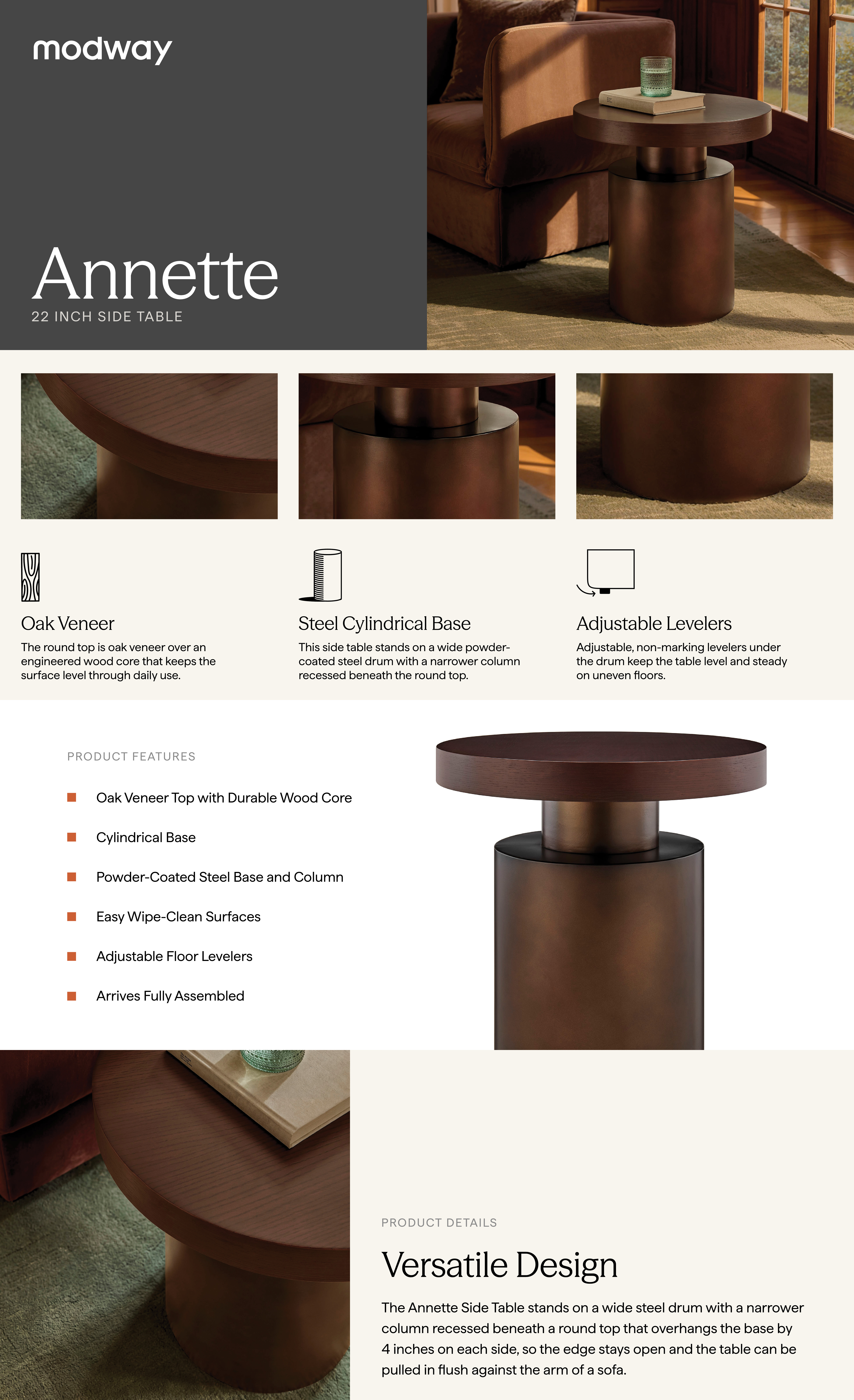 Product Highlights for Annette 22 Inch Oak and Steel Pedestal Side Table