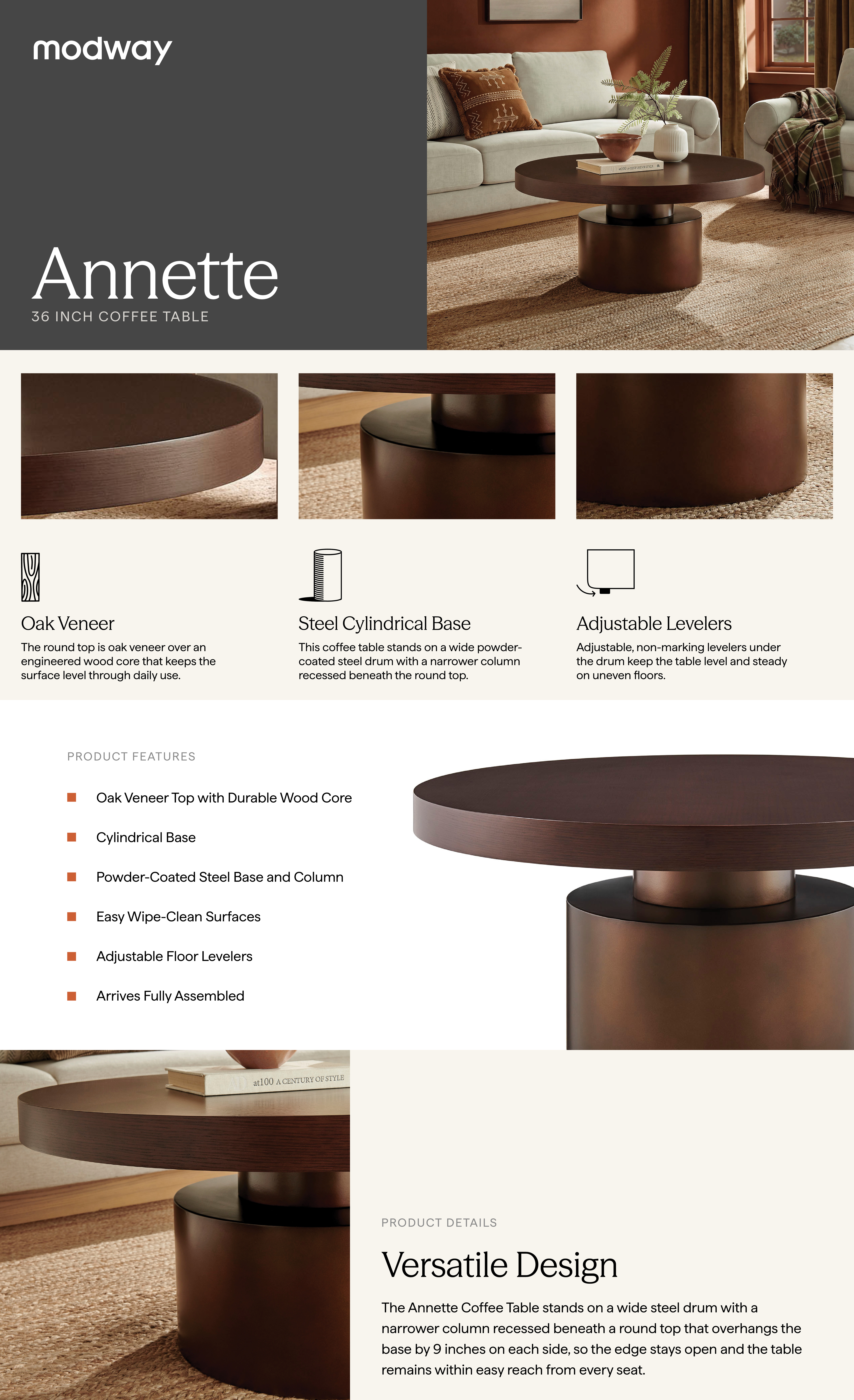 Product Highlights for Annette 36 Inch Oak and Steel Pedestal Coffee Table