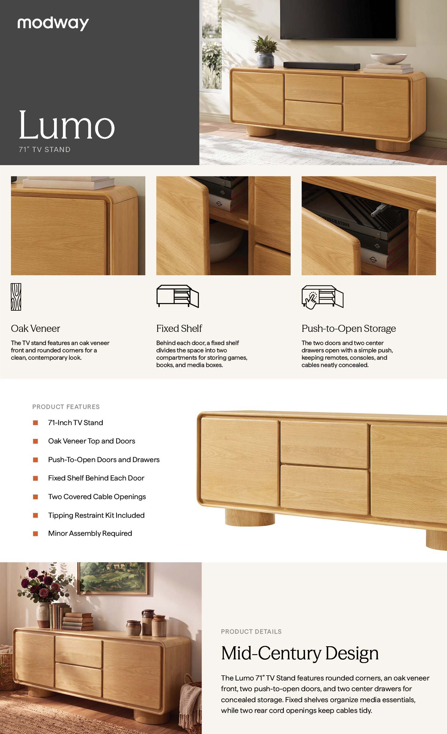 Product Highlights for Lumo 71 Inch Rounded Oak Wood TV Stand