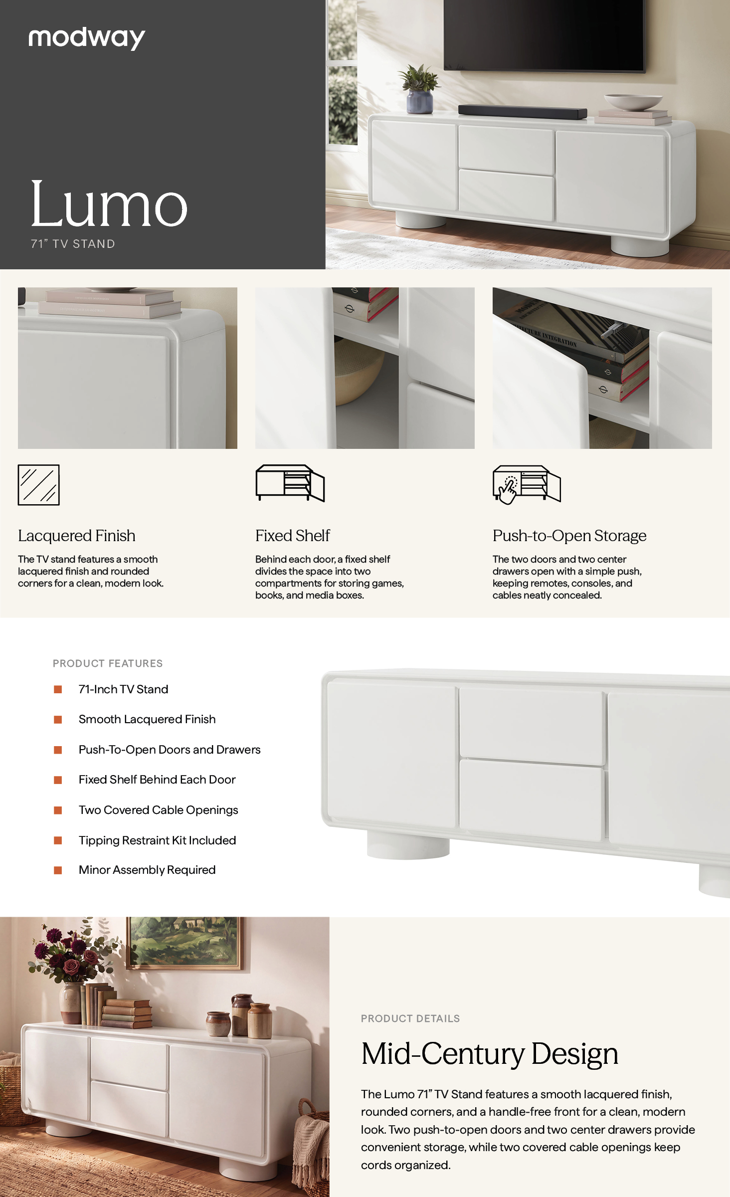 Product Highlights for Lumo 71 Inch Rounded Lacquered Wood TV Stand