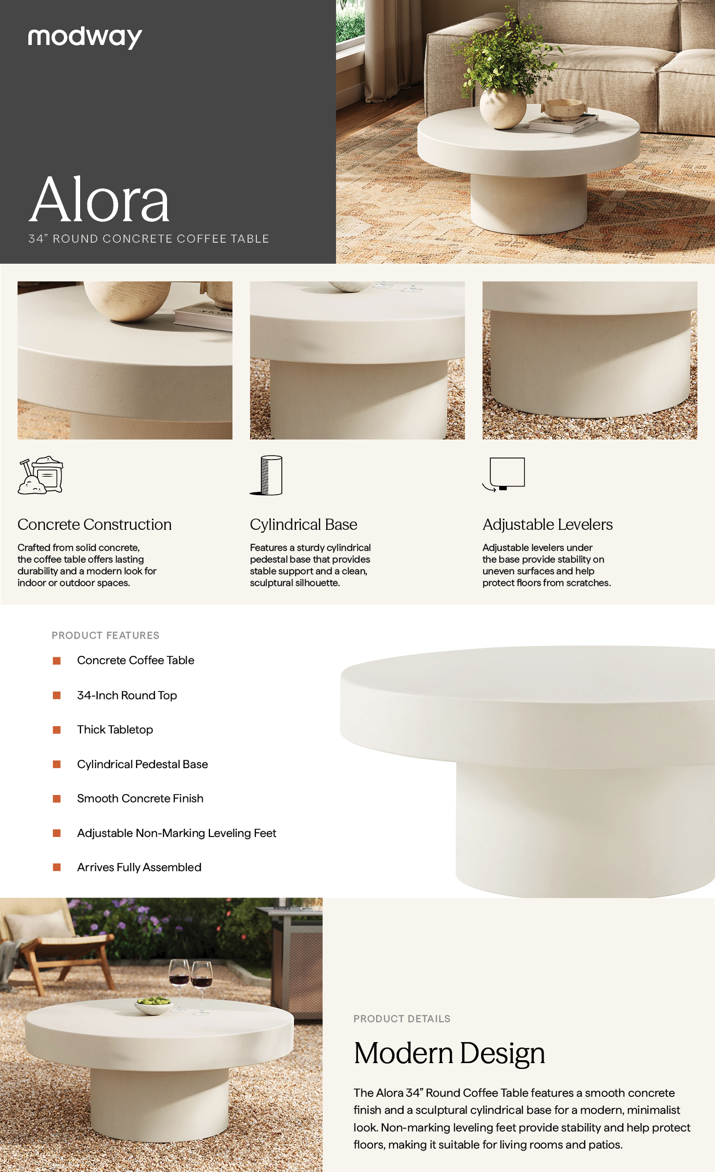 Product Highlights for Alora 34 Inch Round Indoor - Outdoor Concrete Coffee Table
