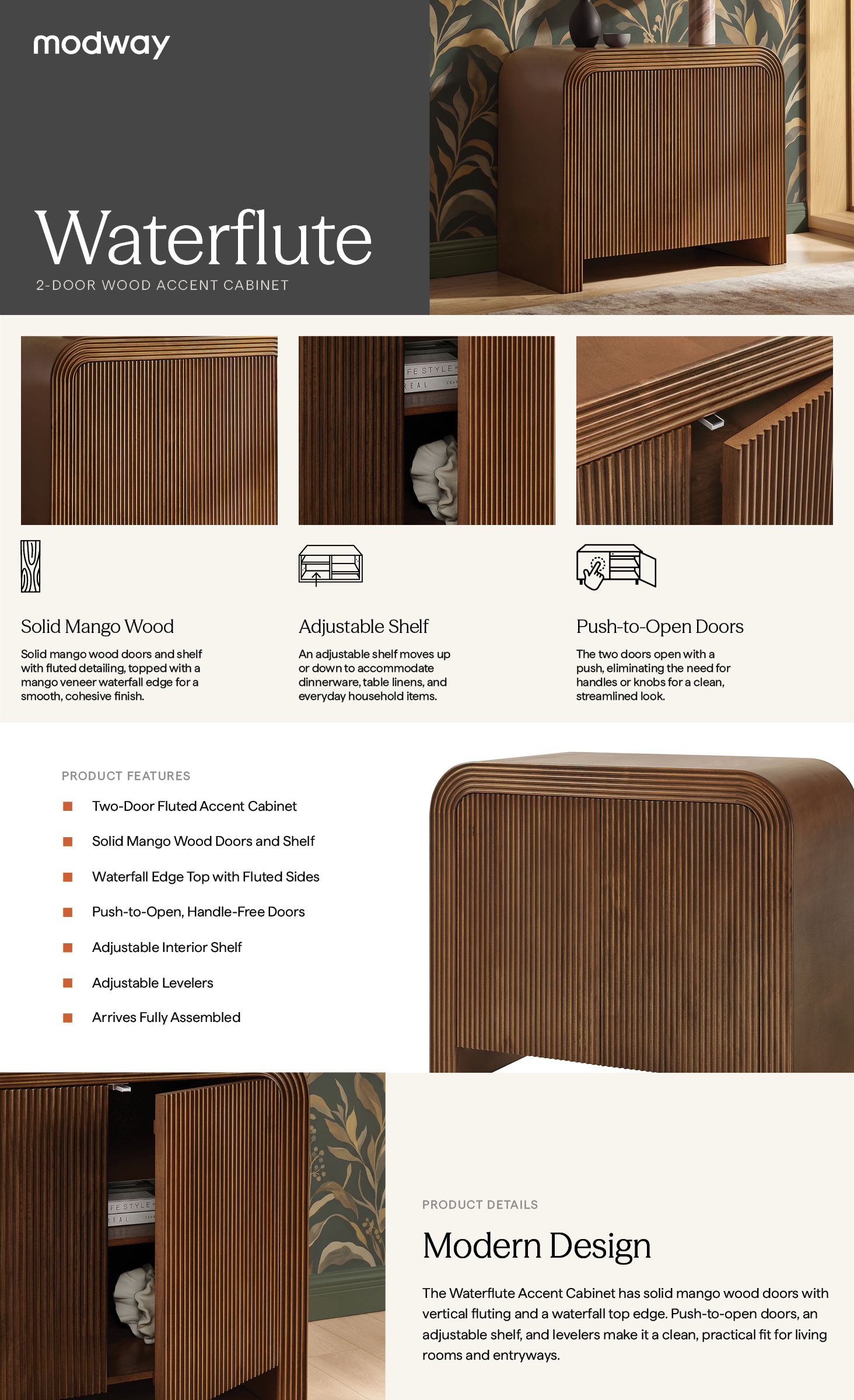 Product Highlights for Waterflute 36 Inch Fluted Two-Door Wood Accent Cabinet
