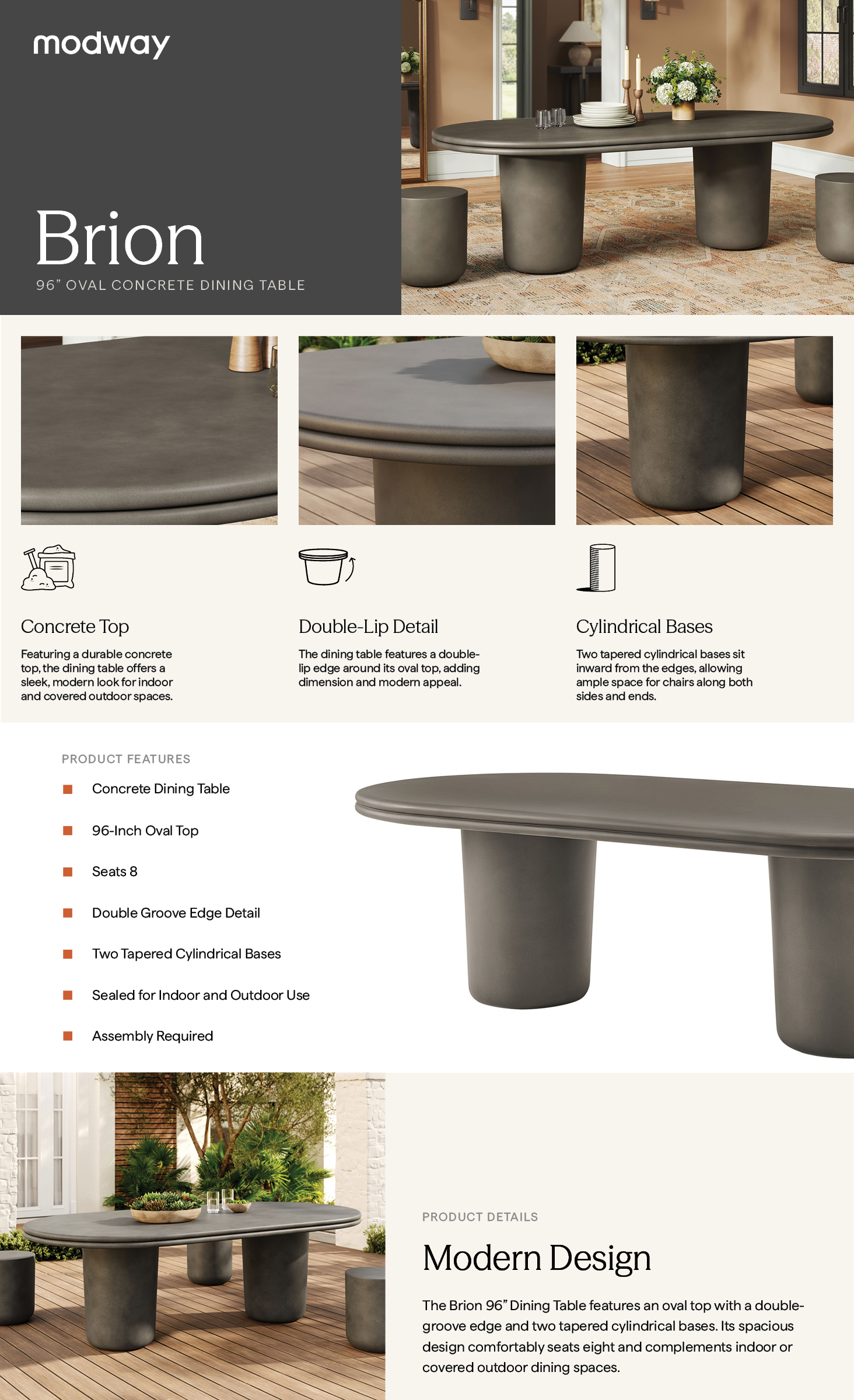 Product Highlights for Brion 96 Inch Oval Indoor Outdoor Concrete Dining Table