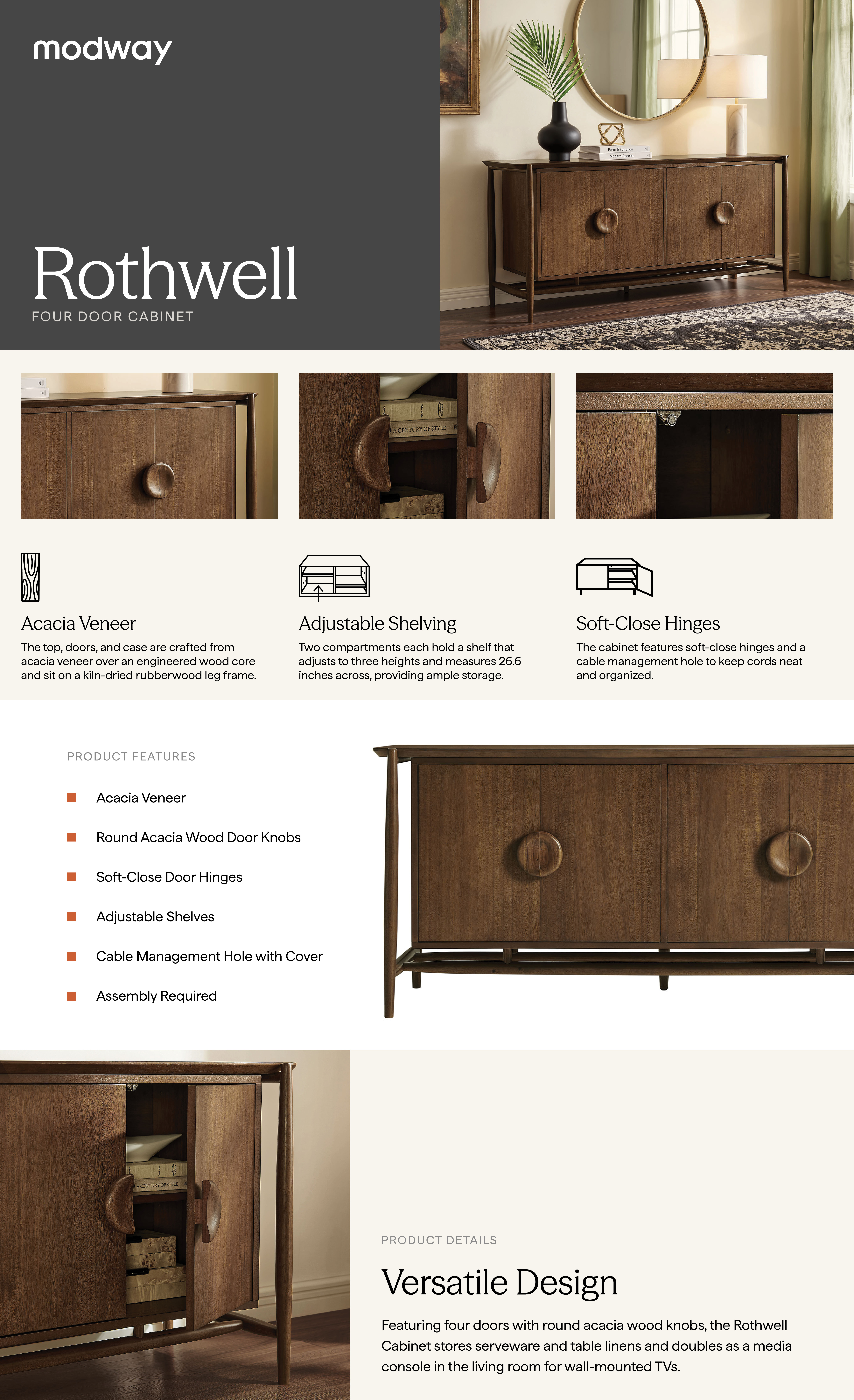 Product Highlights for Rothwell 64 Inch 4-Door Acacia Veneer Sideboard Buffet Cabinet