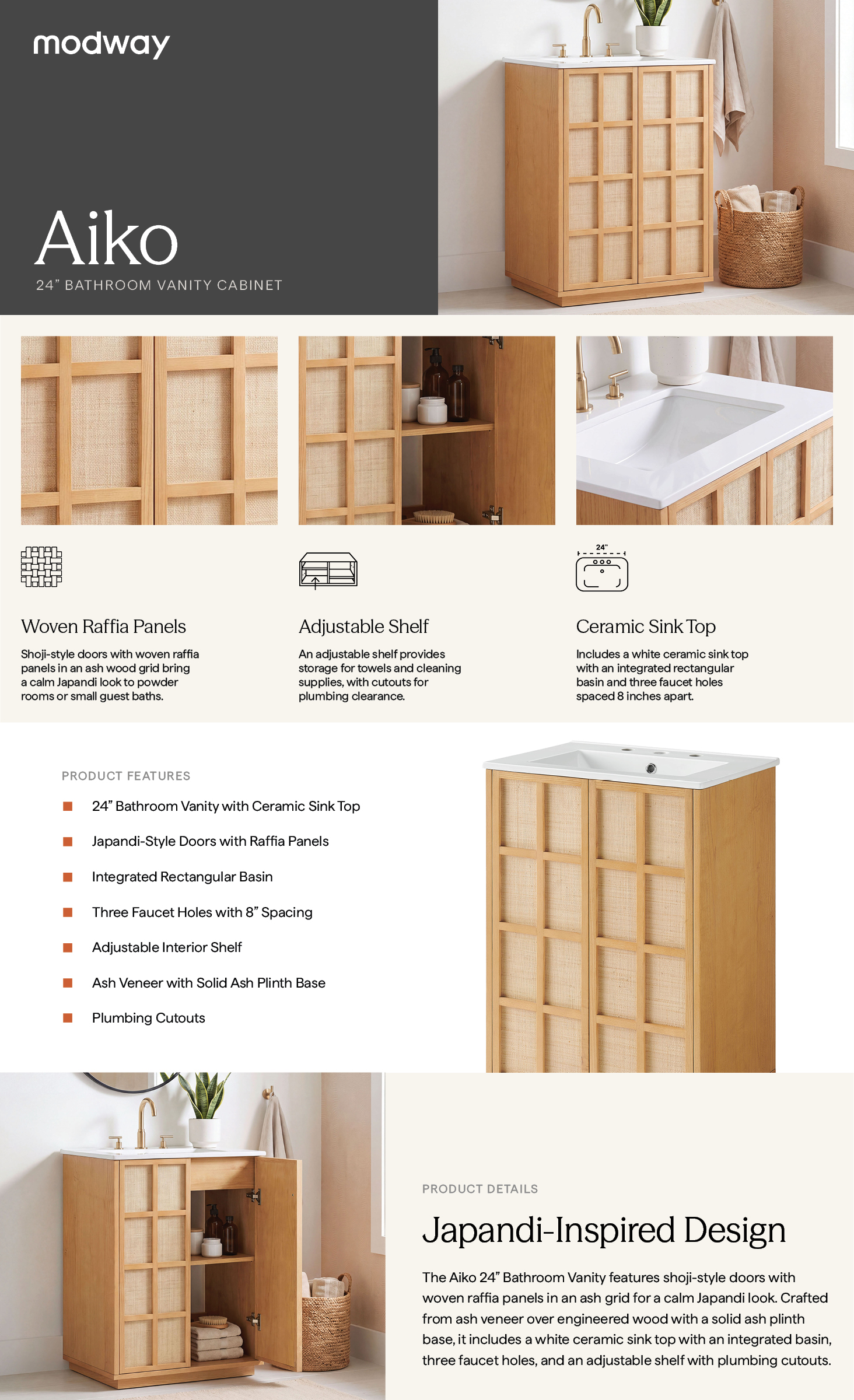 Product Highlights for Aiko 24 Inch Japandi Bathroom Vanity