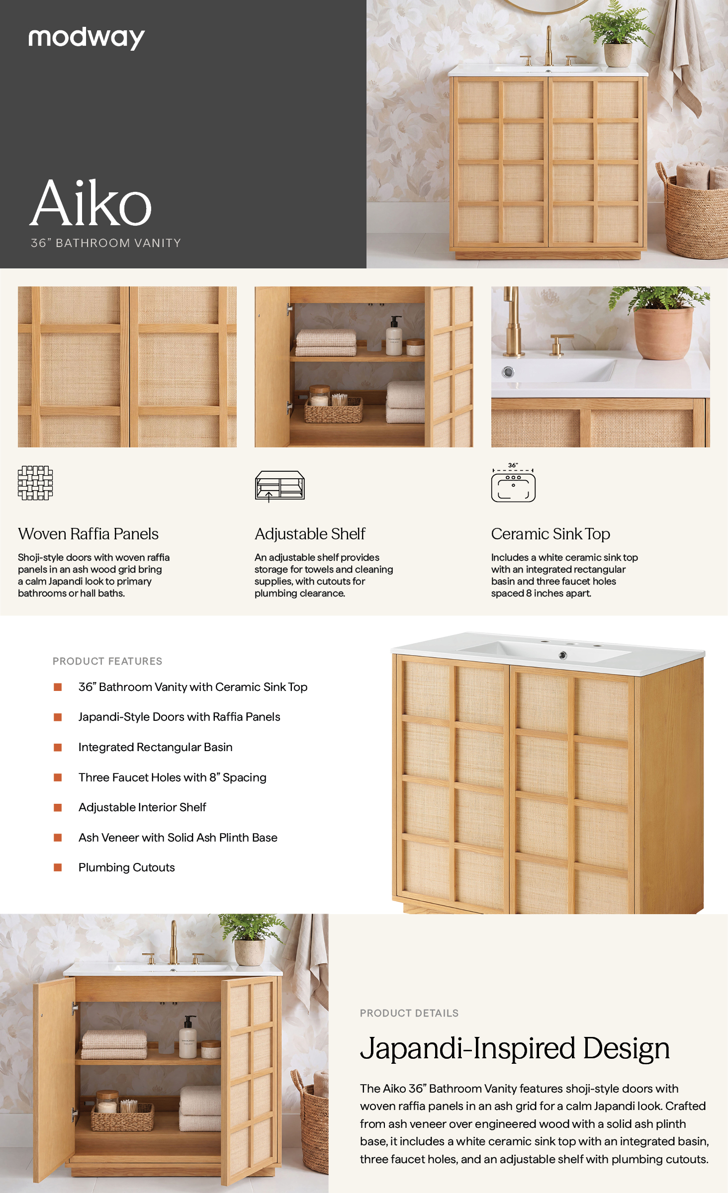 Product Highlights for Aiko 36 Inch Japandi Bathroom Vanity