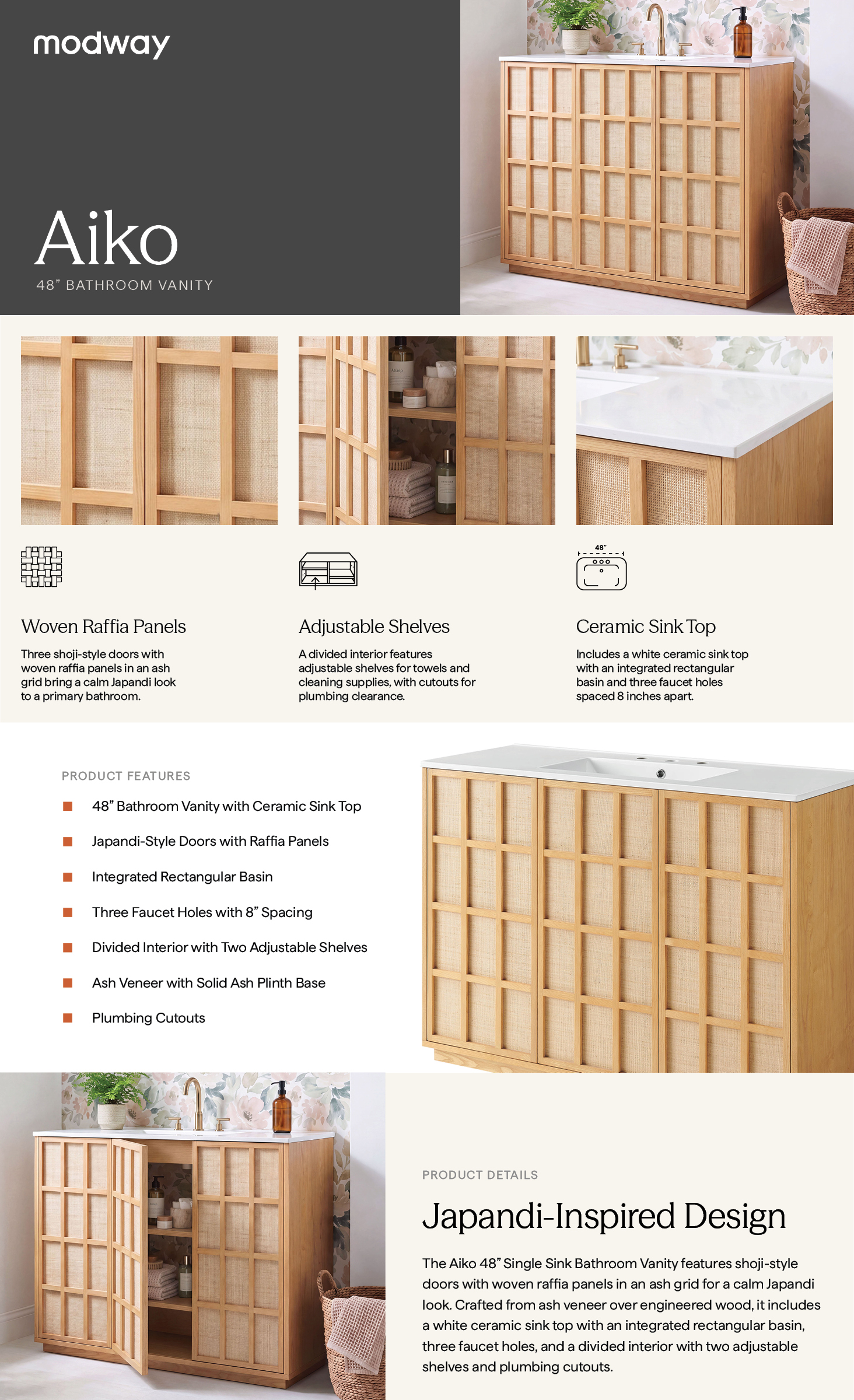 Product Highlights for Aiko 48 Inch Japandi Bathroom Vanity