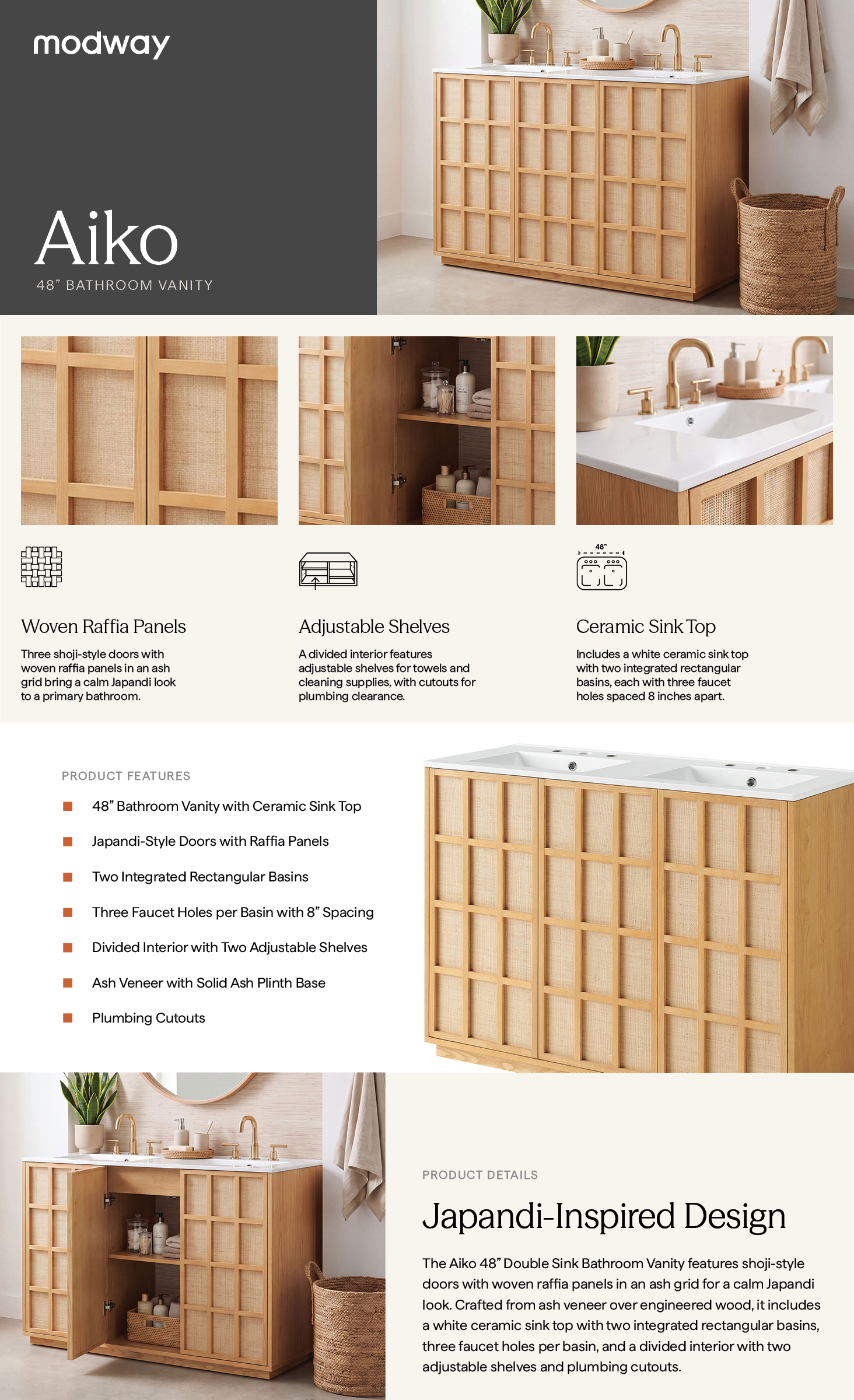 Product Highlights for Aiko 48 Inch Double Sink Japandi Bathroom Vanity