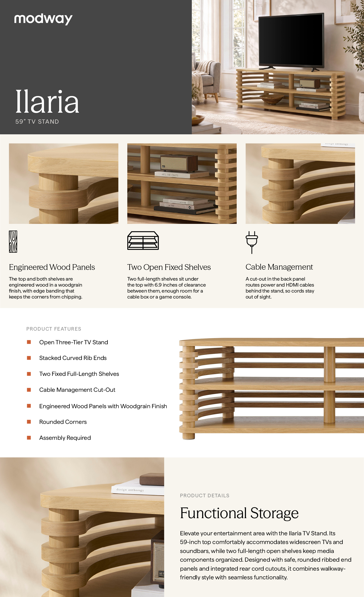 Product Highlights for Ilaria 59 Inch Ribbed TV Stand
