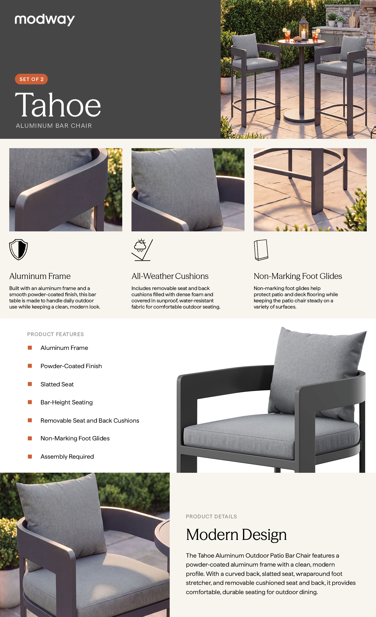 Product Highlights for Tahoe Outdoor Patio Aluminum Bar Chairs Set of 2