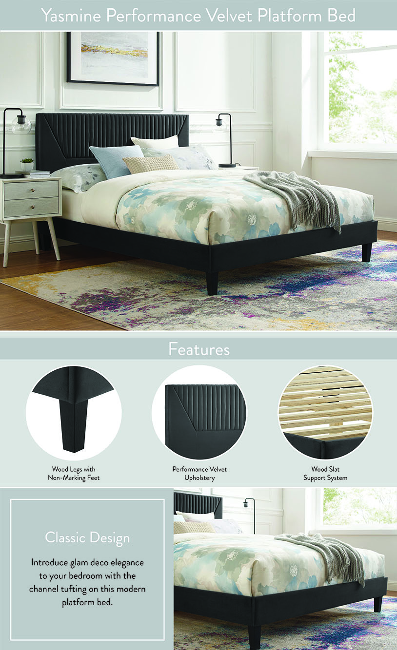 Product Highlights for Yasmine Channel Tufted Performance Velvet Platform Bed With Black Wood Legs