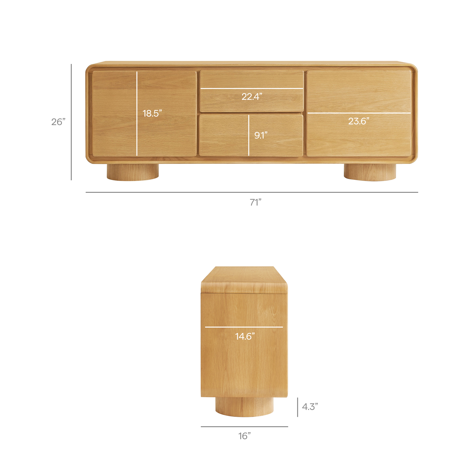 Specifications for Lumo 71 Inch Rounded Oak Wood TV Stand