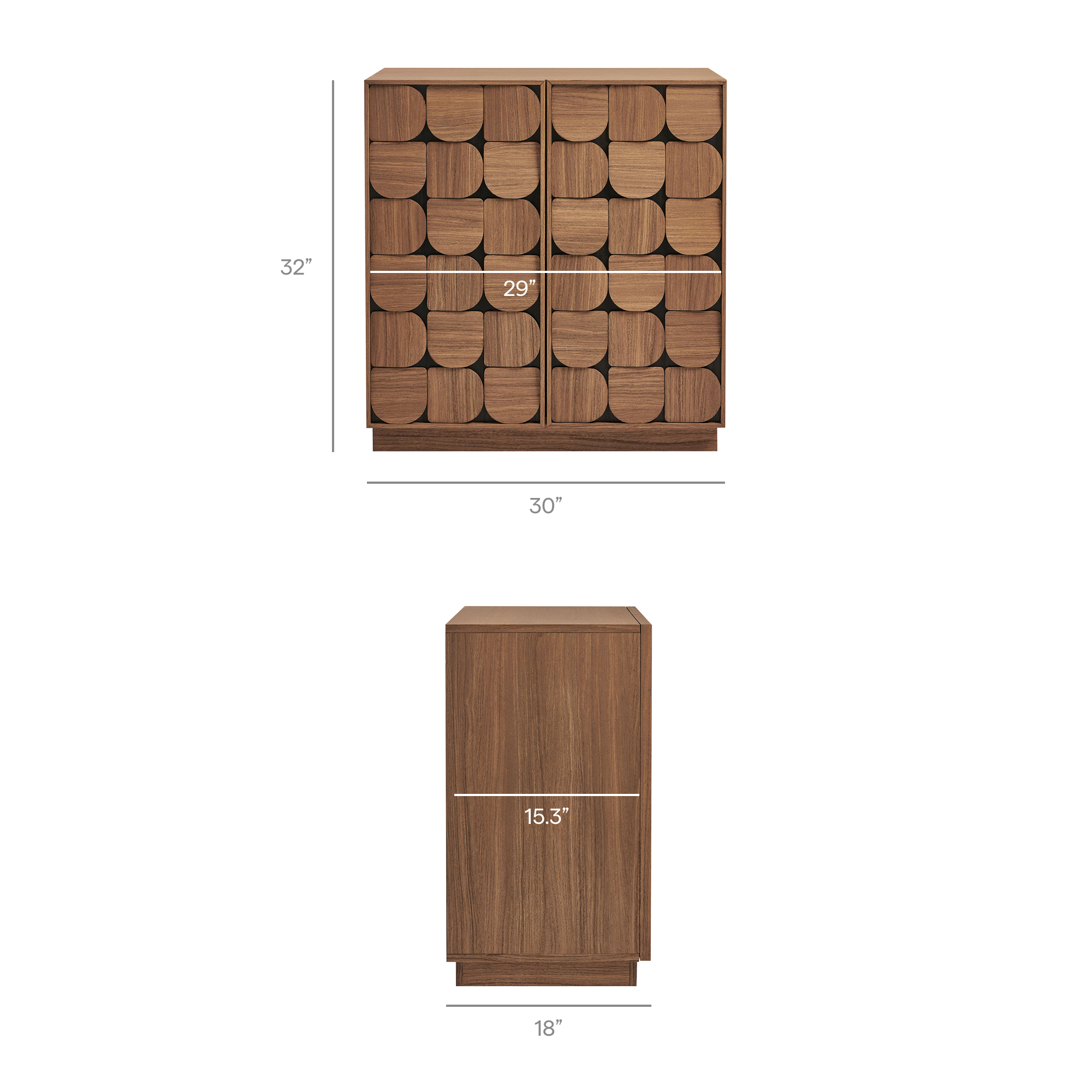 Specifications for Thorne Two-Door Accent Cabinet with Dimensional Geometric Scalloping